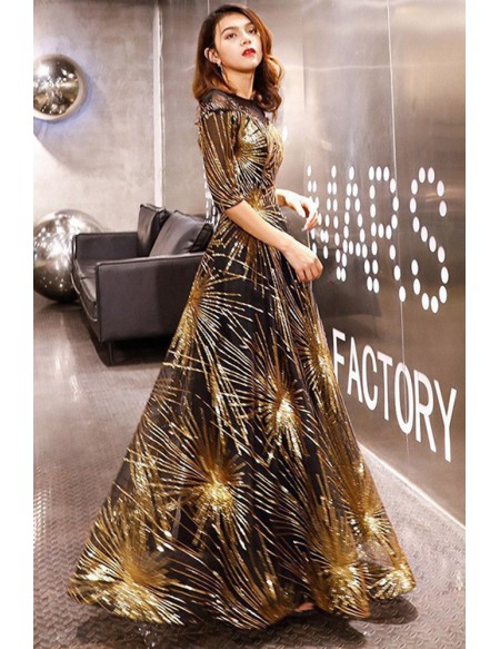 Black And Gold Sparkly Long Prom Dress With Sleeves