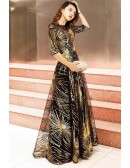 Black And Gold Sparkly Long Prom Dress With Sleeves