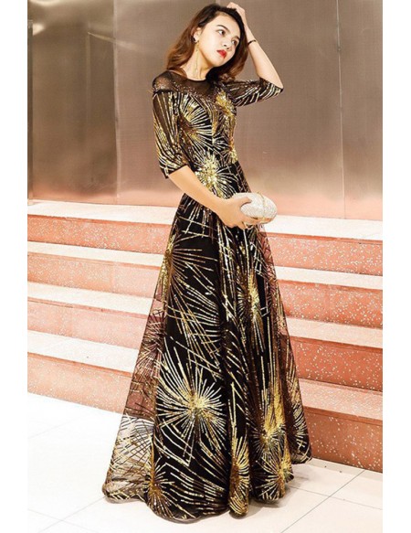 Black And Gold Sparkly Long Prom Dress With Sleeves