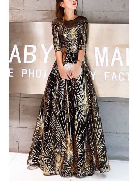 Black And Gold Sparkly Long Prom Dress With Sleeves