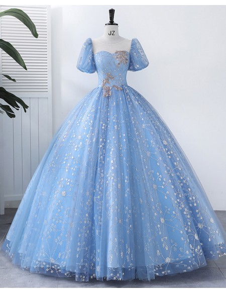 Princess Blue Ballgown With Bling Sequined Prom Dress