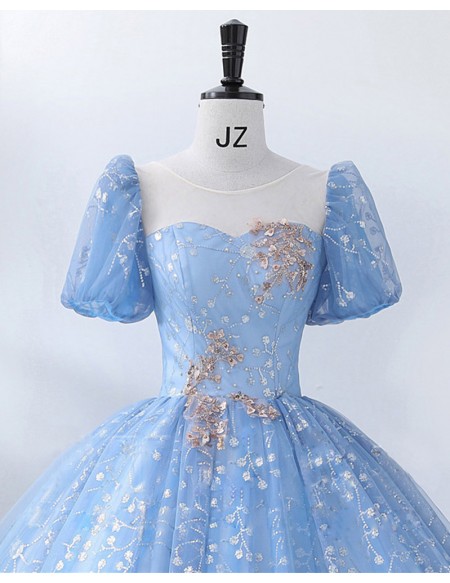Princess Blue Ballgown With Bling Sequined Prom Dress