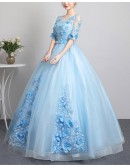 Light Blue Ballgown Tulle Prom Dress With Flowers