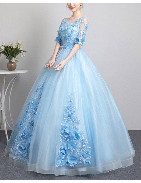 Light Blue Ballgown Tulle Prom Dress With Flowers