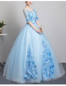 Light Blue Ballgown Tulle Prom Dress With Flowers