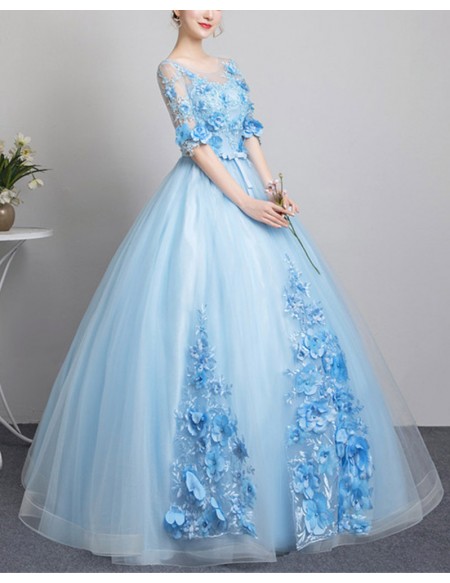 Light Blue Ballgown Tulle Prom Dress With Flowers