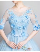 Light Blue Ballgown Tulle Prom Dress With Flowers