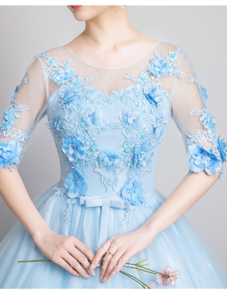Light Blue Ballgown Tulle Prom Dress With Flowers