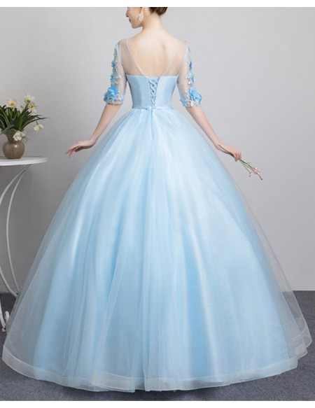 Light Blue Ballgown Tulle Prom Dress With Flowers