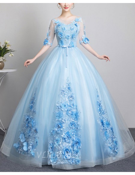 Light Blue Ballgown Tulle Prom Dress With Flowers