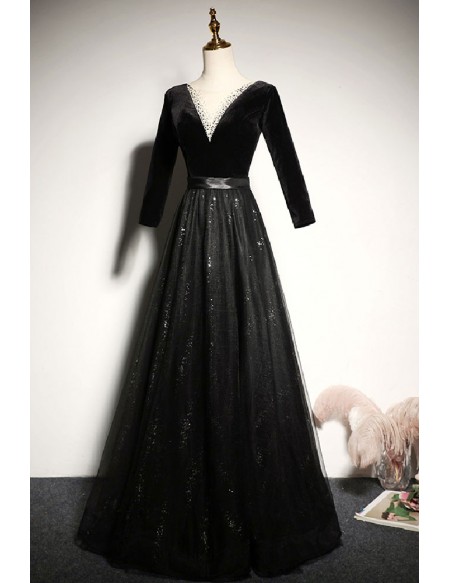 Beaded Vneck Long Sleeved Black Formal Dress
