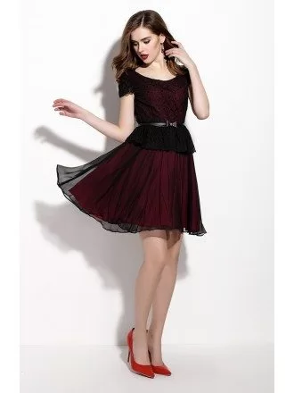 Lace Short Dress with Cap Sleeves and Belt