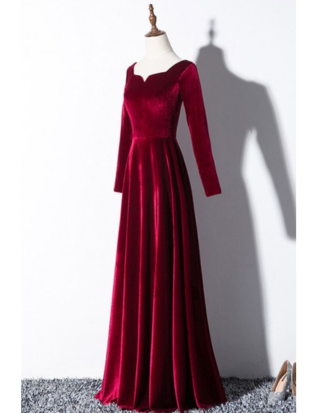 Elegant Long Sleeved Burgundy Velvet Formal Dress