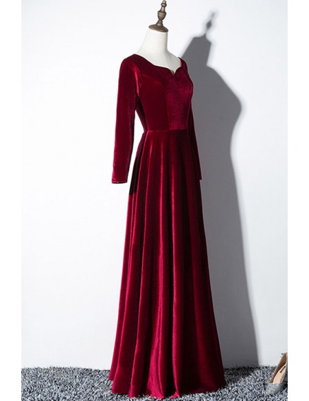 Elegant Long Sleeved Burgundy Velvet Formal Dress