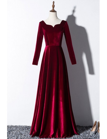 Elegant Long Sleeved Burgundy Velvet Formal Dress