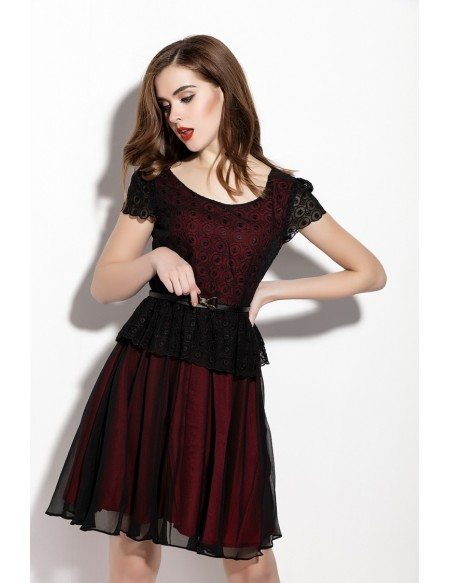 Lace Short Dress with Cap Sleeves and Belt