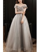 Grey Off Shoulder Ballgown Bling Tulle Prom Dress