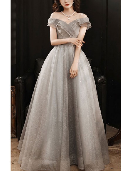Grey Off Shoulder Ballgown Bling Tulle Prom Dress