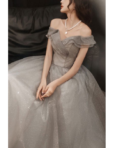Grey Off Shoulder Ballgown Bling Tulle Prom Dress