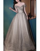 Grey Off Shoulder Ballgown Bling Tulle Prom Dress