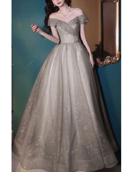 Grey Off Shoulder Ballgown Bling Tulle Prom Dress