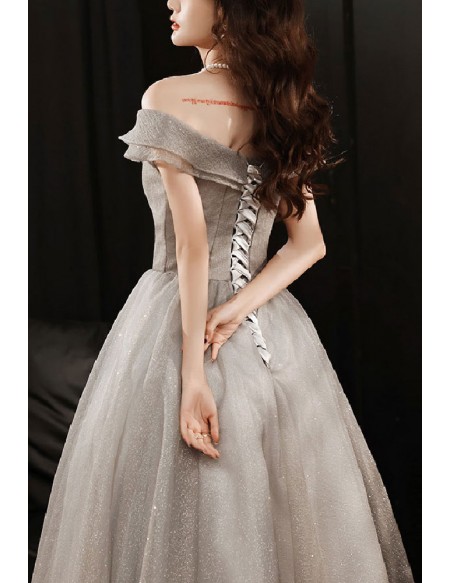 Grey Off Shoulder Ballgown Bling Tulle Prom Dress