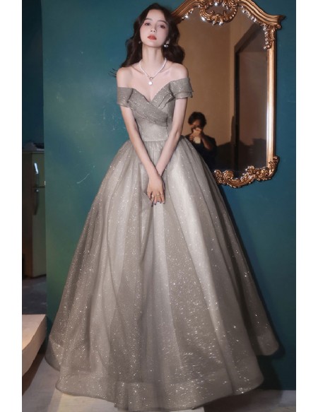Grey Off Shoulder Ballgown Bling Tulle Prom Dress