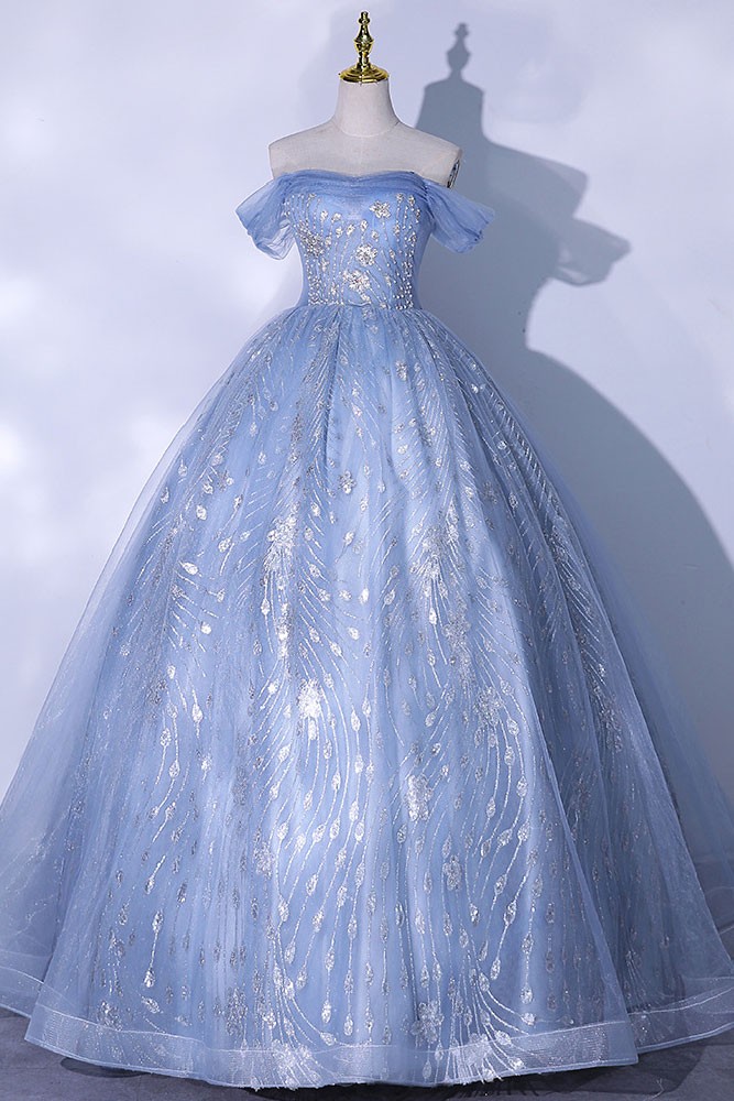 Blue Sequined Pattern Off Shoulder Ballgown Prom Dress #QY6014 ...