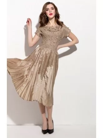 Elegant Lace Top Knee Length Dress Short Sleeve