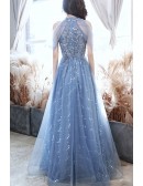 Blue Tulle Sequined Long Halter Prom Dress With Bling
