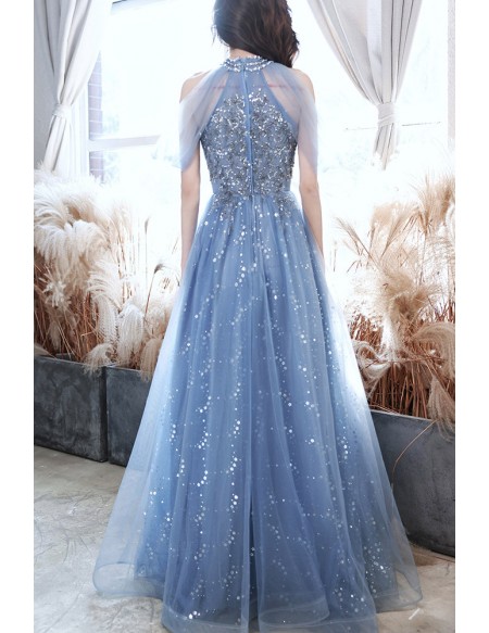 Blue Tulle Sequined Long Halter Prom Dress With Bling
