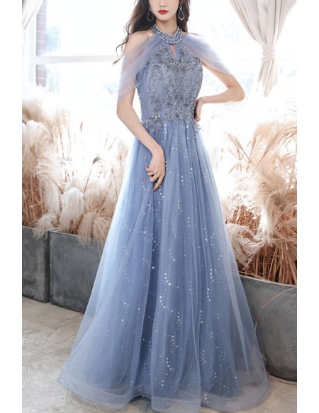 Blue Tulle Sequined Long Halter Prom Dress With Bling