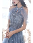 Blue Tulle Sequined Long Halter Prom Dress With Bling