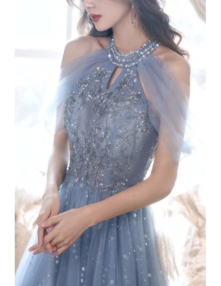 Blue Tulle Sequined Long Halter Prom Dress With Bling