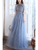 Blue Tulle Sequined Long Halter Prom Dress With Bling