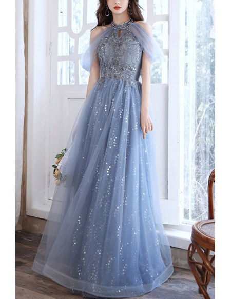 Blue Tulle Sequined Long Halter Prom Dress With Bling