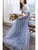Blue Tulle Sequined Long Halter Prom Dress With Bling