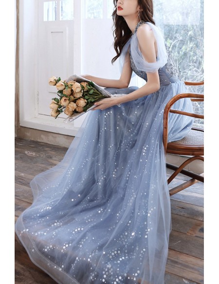 Blue Tulle Sequined Long Halter Prom Dress With Bling