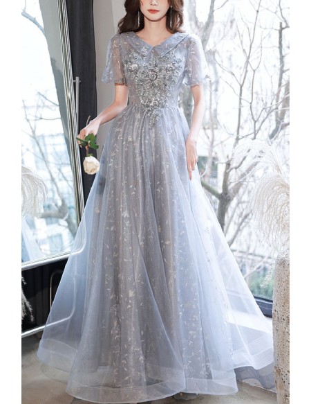 Long Tulle Appliques Modest Prom Dress With Collar