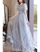 Long Tulle Appliques Modest Prom Dress With Collar