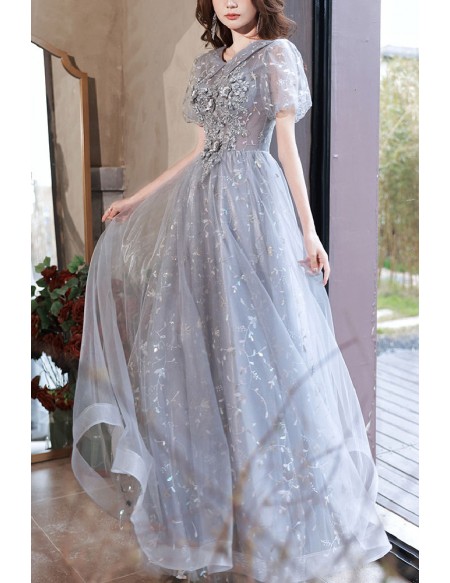 Long Tulle Appliques Modest Prom Dress With Collar