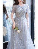 Long Tulle Appliques Modest Prom Dress With Collar