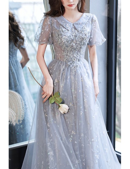 Long Tulle Appliques Modest Prom Dress With Collar