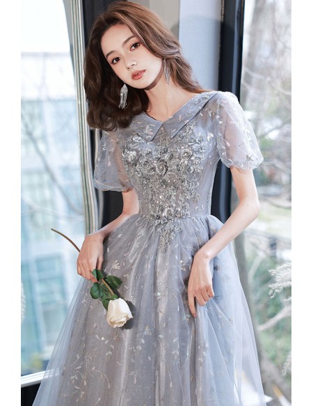 Long Tulle Appliques Modest Prom Dress With Collar
