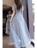 Long Tulle Appliques Modest Prom Dress With Collar