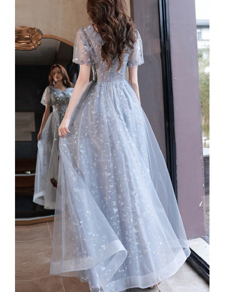 Long Tulle Appliques Modest Prom Dress With Collar