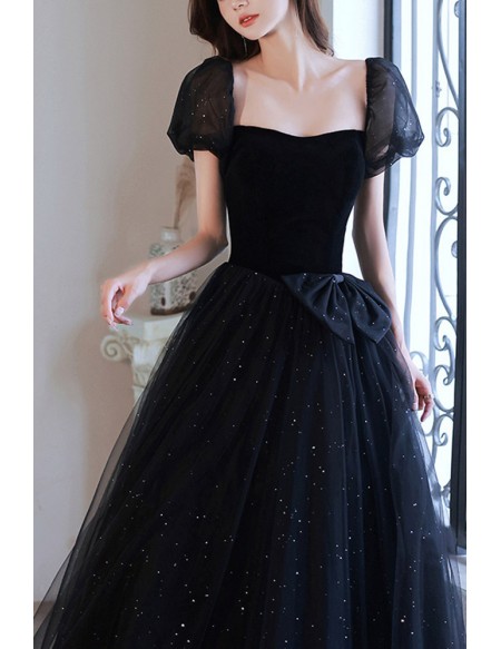 Black Ballgown Tulle Long Prom Dress With Bubble Sleeves Js