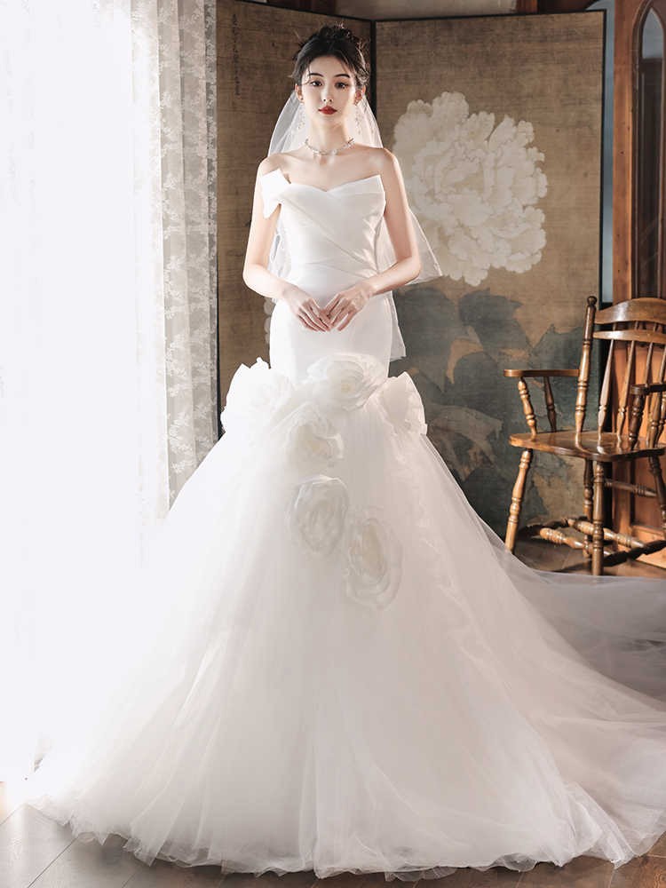 Timeless Mermaid Halter Satin Tulle Beads Long Wedding Dresses C4491 main image 0