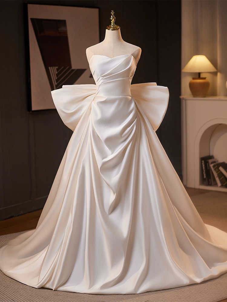 Bow Embellished Stretch Satin Strapless Gown