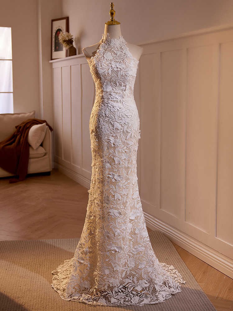 Unique Design Halter Charming Mermaid Sexy Lace Floor-Length Maxi Wedding Guest Dresses, WG114
